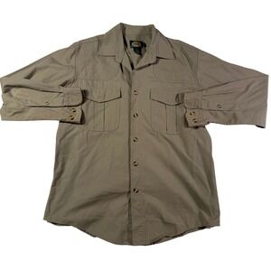 Cabelas Mens Shooting Shirt Large Tan Khaki Cotton Long Sleeve Safari Field